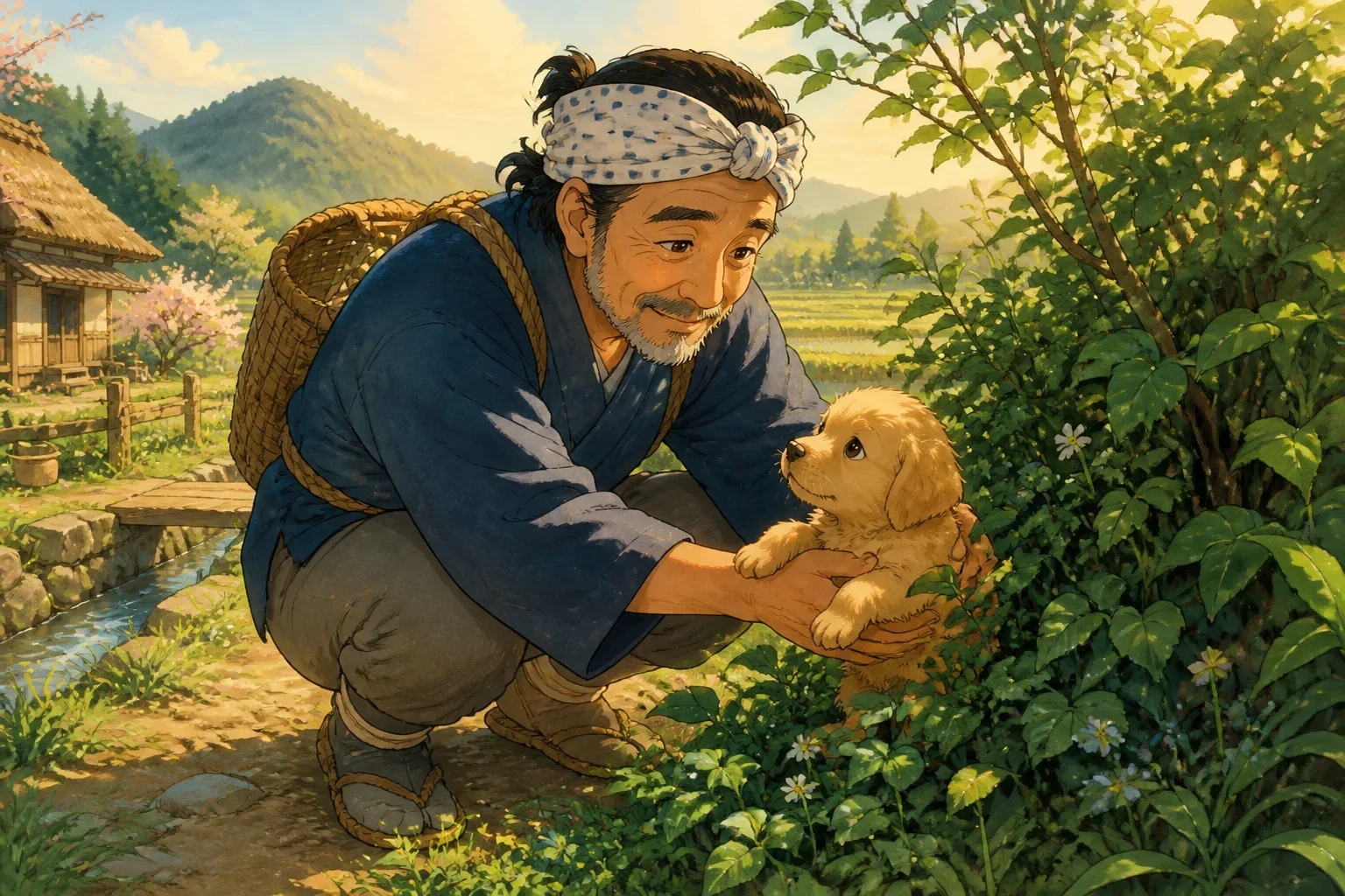 A kind-looking Japanese farmer with traditional farming clothes gently rescuing a small, golden puppy from a bush in a vibrant farm setting, early morning light, warm and welcoming atmosphere, illustrated in a beautiful children's storybook style, cinematic 16:9 composition.