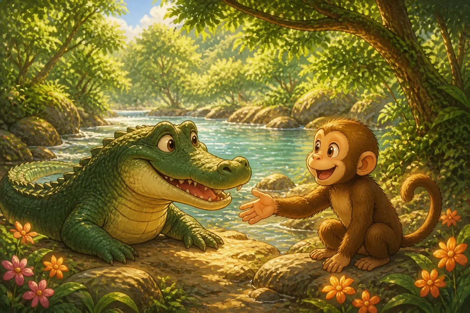 A kind crocodile named Kavi greeting his monkey friend Miko beside a sparkling river.