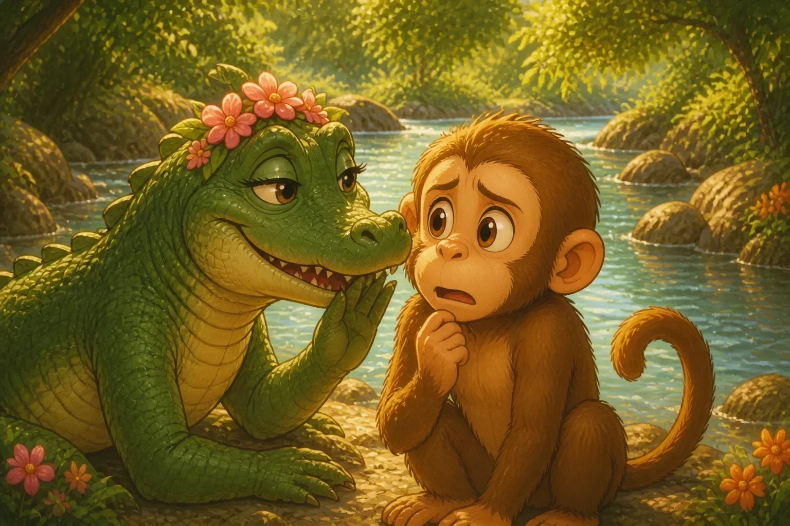 A cunning crocodile’s wife, Lila, whispering to Kavi about her greedy plan while he listens with conflicted emotions.