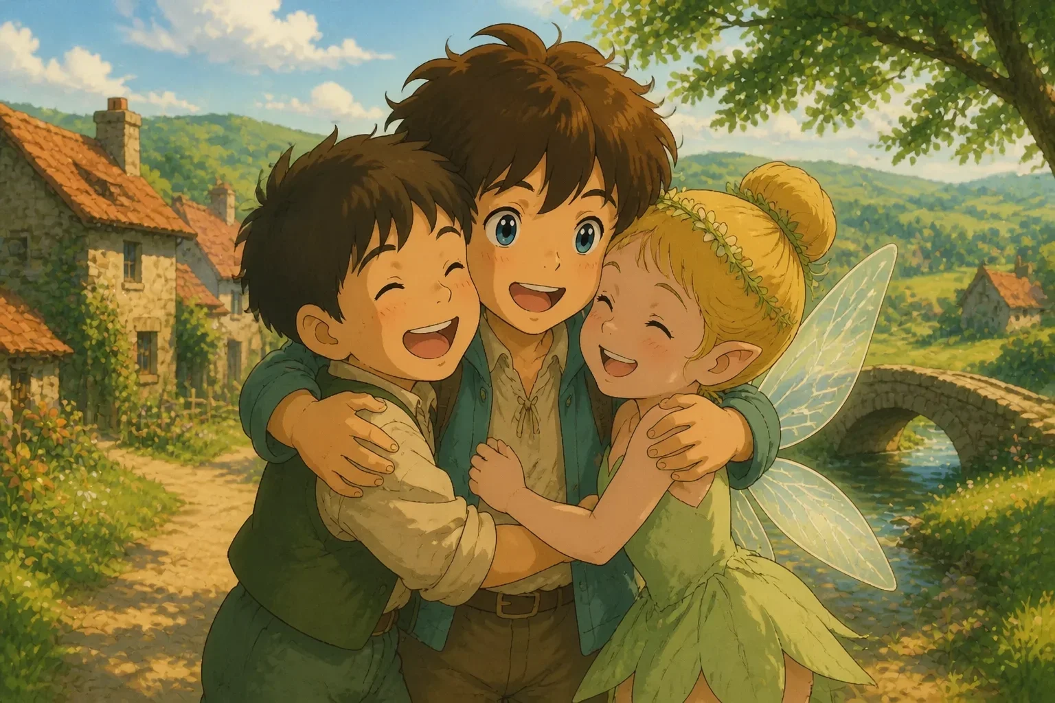Three children, including the boy with tousled brown hair, hugging happily in a sunny village with green hills in the background, showing friendship and trust.
