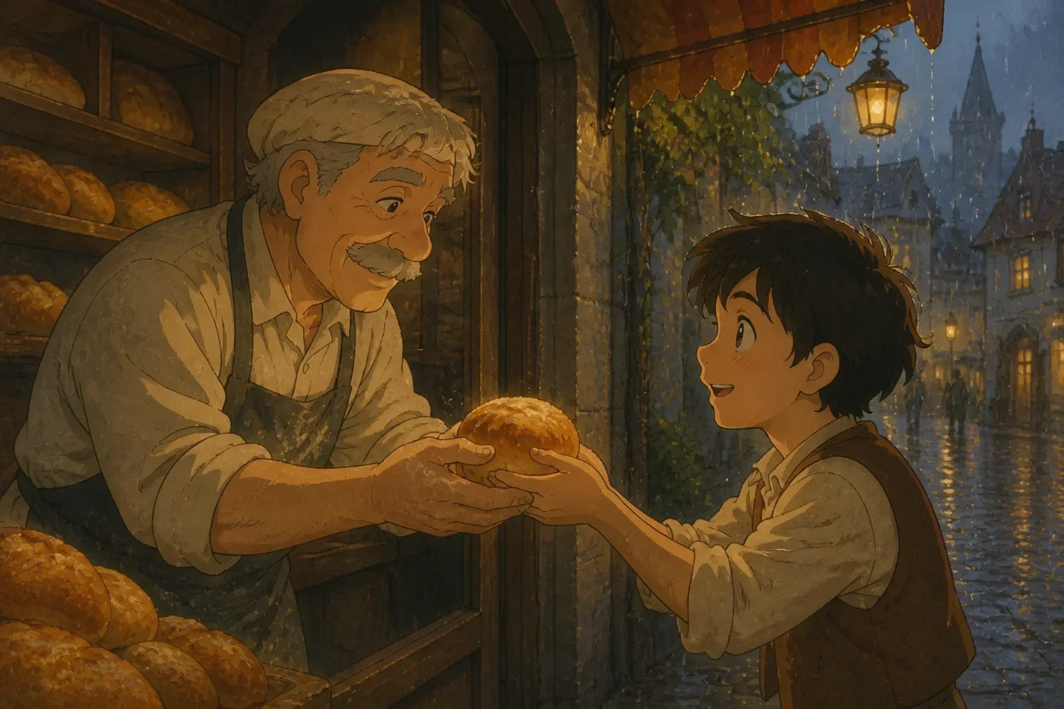 A kind old baker gently hands a warm bread roll to Eli under a bakery awning as rain falls gently around them.
