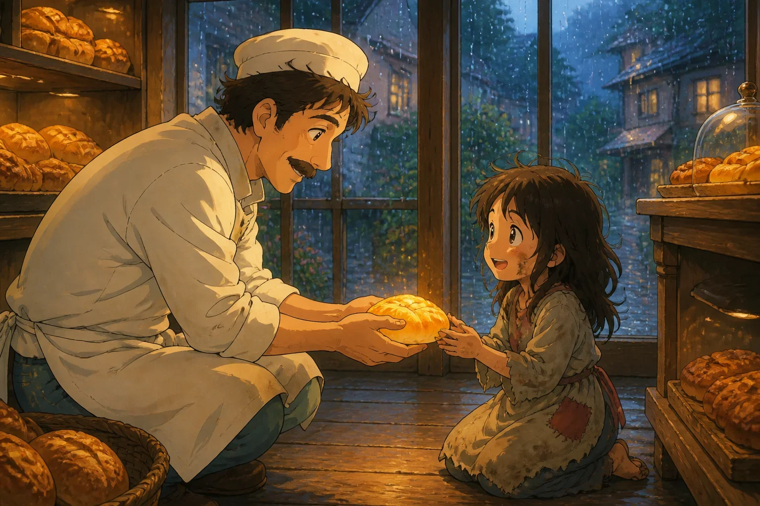 A kind baker gently offers a warm bread roll to a small, hungry girl inside a cozy bakery on a rainy day.