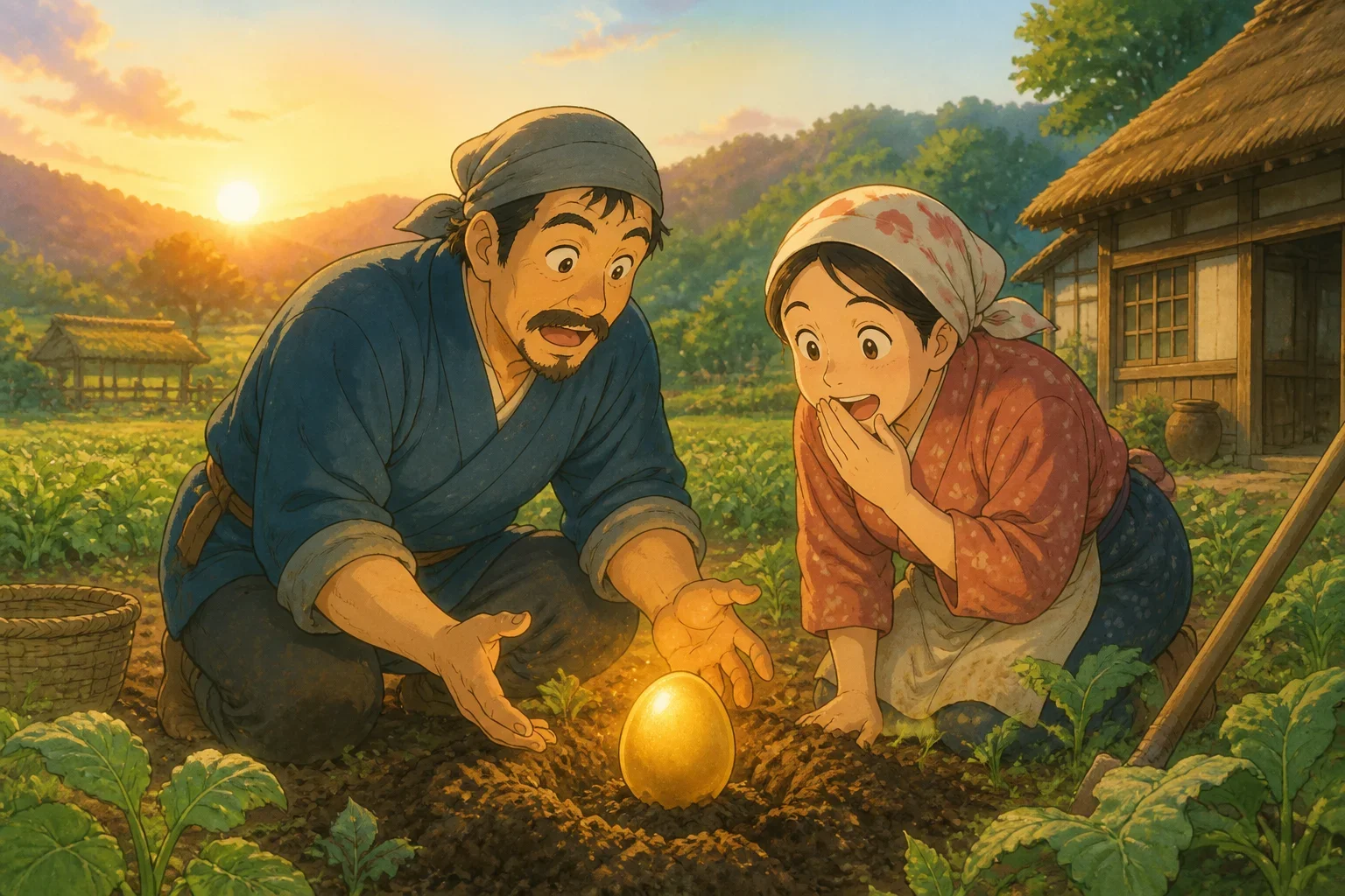A humble farmer and his wife kneeling in their small farm field, excitedly discovering a shining golden egg beneath the soil.