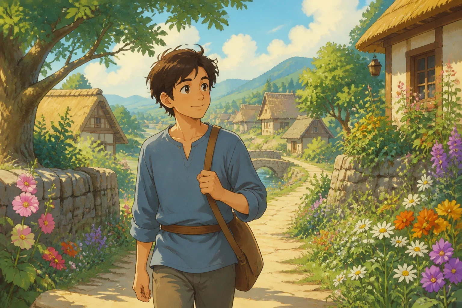 A cheerful young man named Eli walking along a lush village path, with bright flowers and tall trees, smiling and looking caring.
