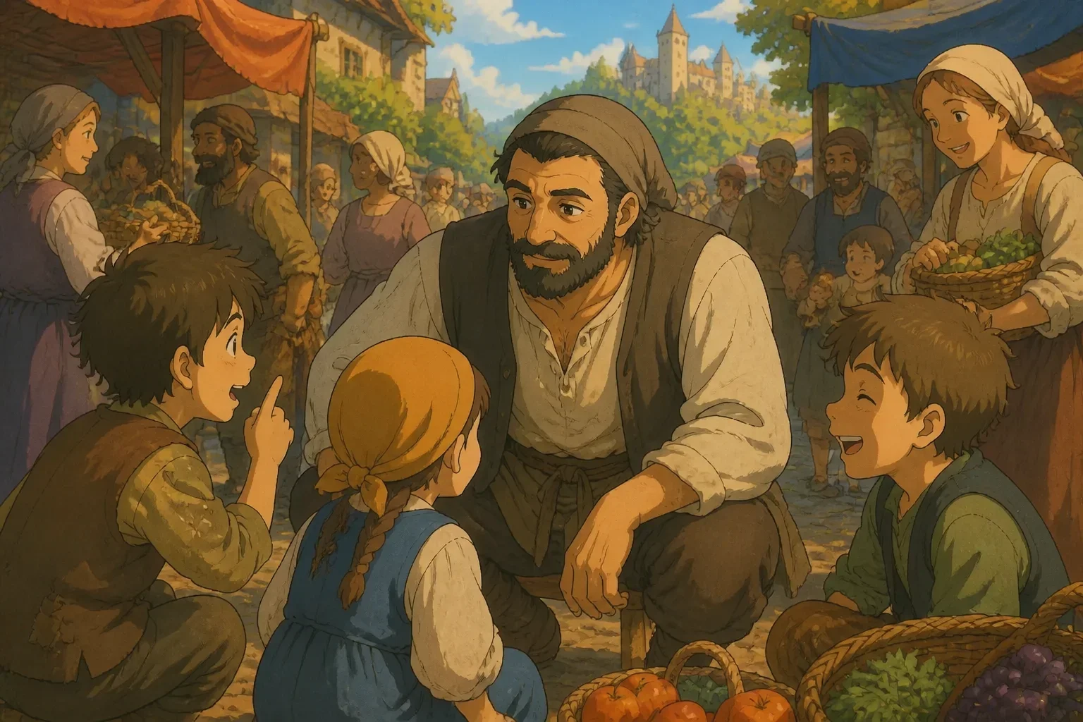 Disguised King Reginald dressed as a peasant, listening quietly to villagers and children in a humble marketplace, showing empathy.