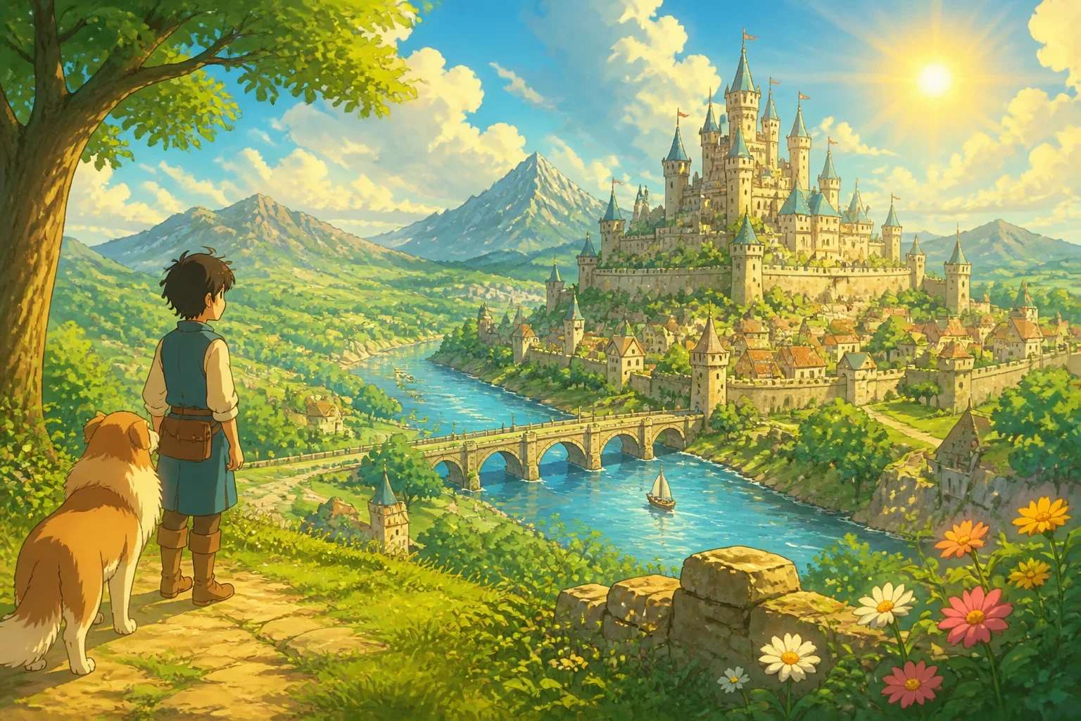 King Midas's kingdom with lush green fields, a sparkling river, and a majestic castle under a bright sun.