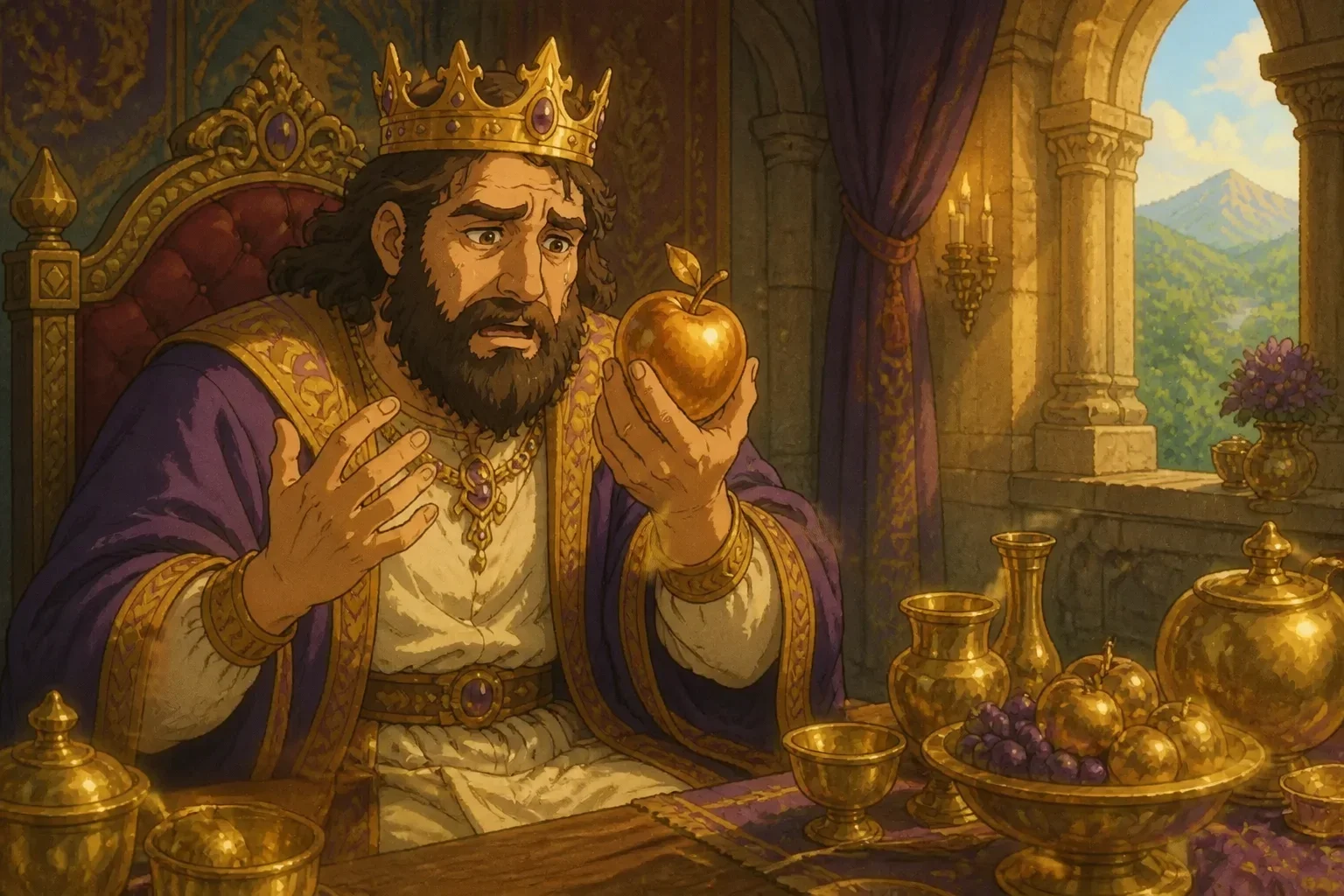 King Midas distressed, touching a gold apple that has turned into a solid lump, with a worried expression.