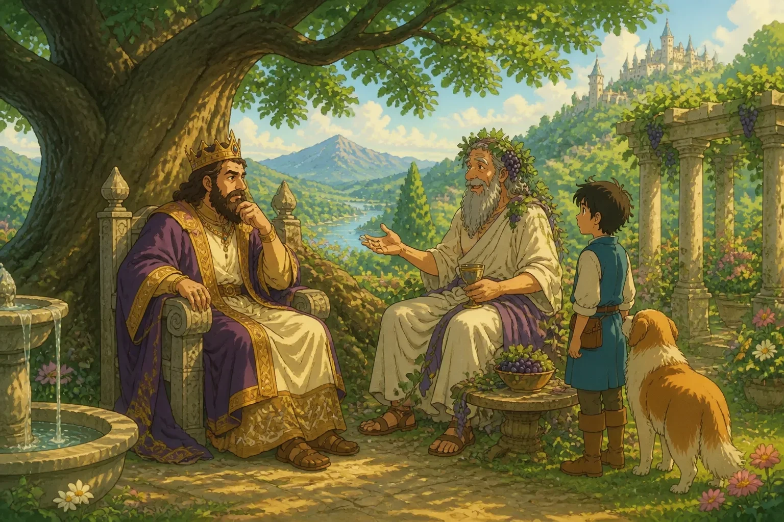 King Midas in his lush garden, talking to Dionysus, a wise old man with a flowing beard, on a sunny afternoon.