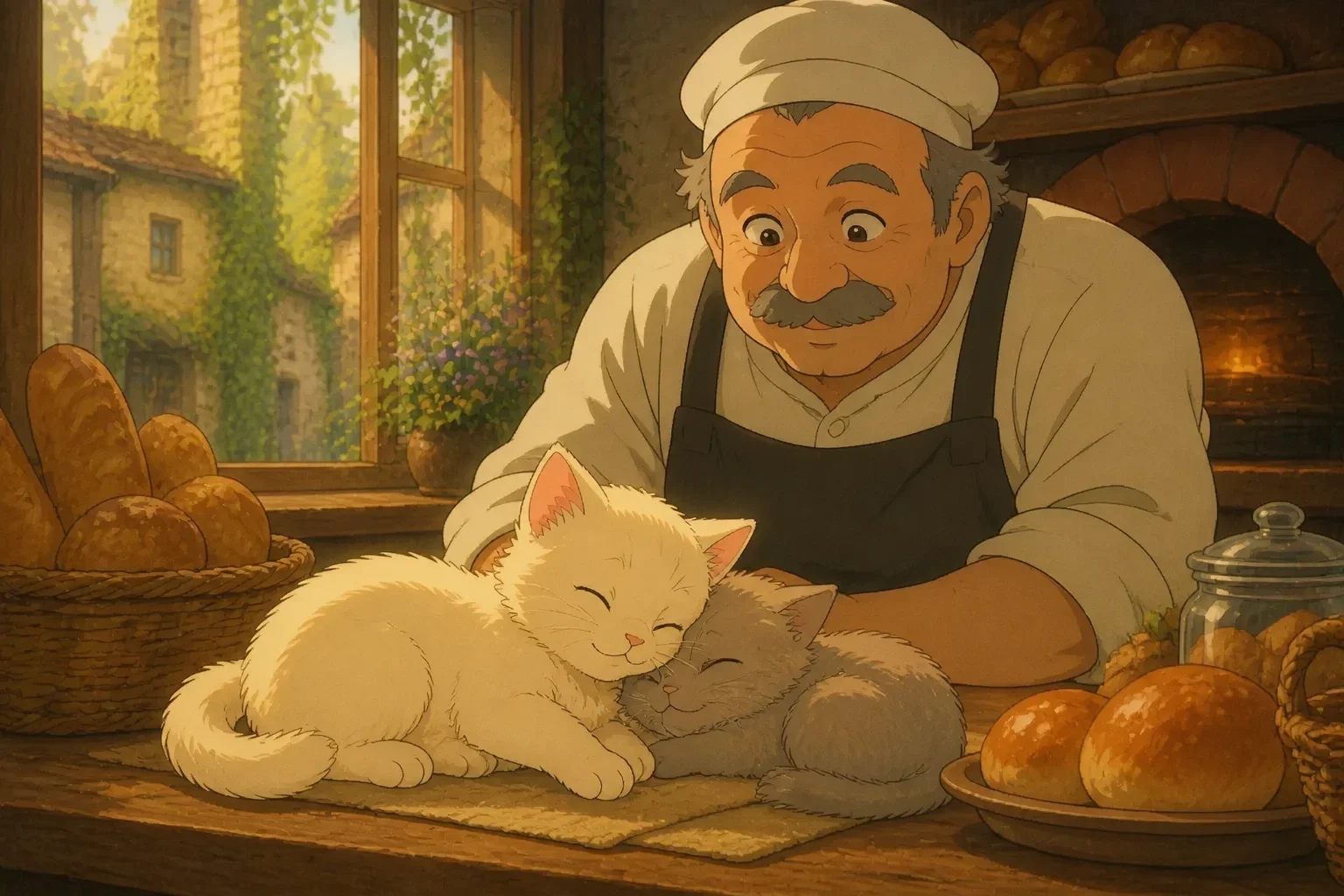 Two playful kittens, Pudding and Maple, cuddling and sitting together happily on the bakery counter, with Mr. Bumble watching lovingly, in a cozy, warm bakery setting.