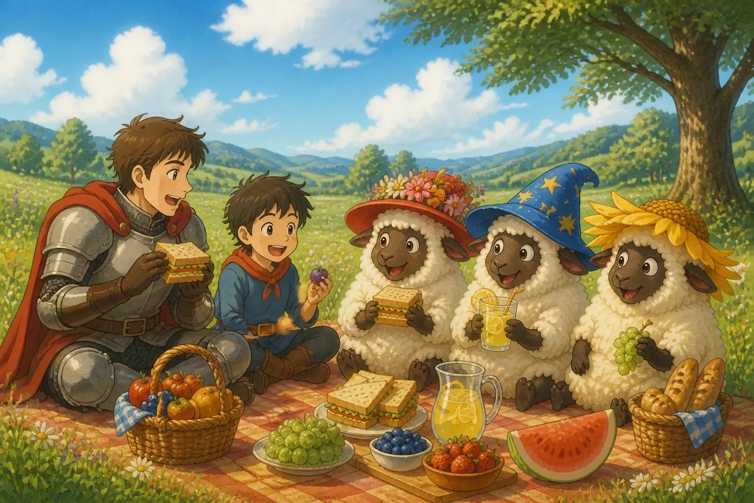 A cheerful scene showing Alexander the knight and his squire Lucas sitting on a picnic blanket in a sunlit meadow, surrounded by three fluffy sheep wearing colorful hats, sharing tasty treats and enjoying each other's company.