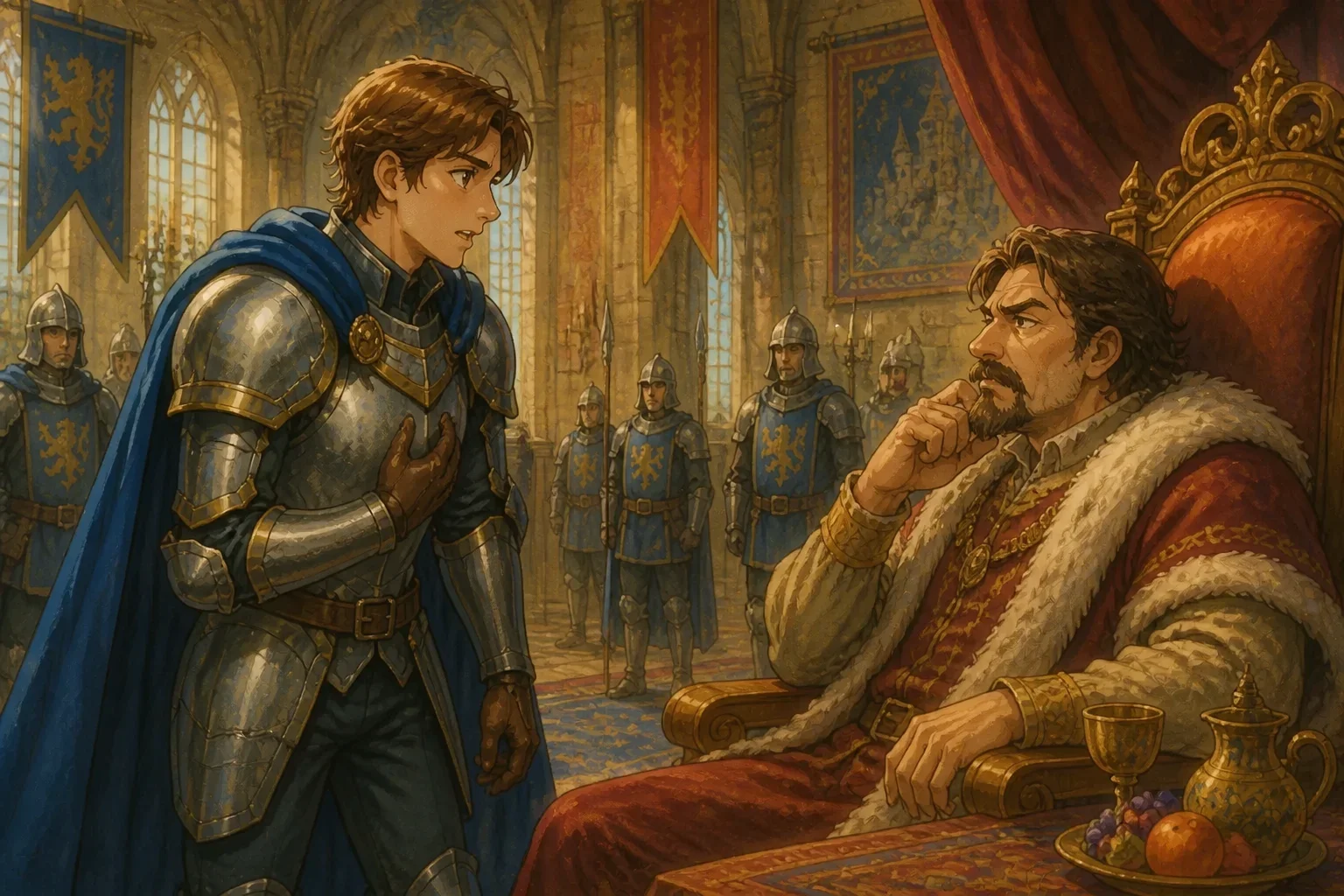Sir Richard, clad in shining armor, stands bravely before the stern Baron in a grand castle hall, speaking earnestly about justice and kindness, with guards watching in the background.