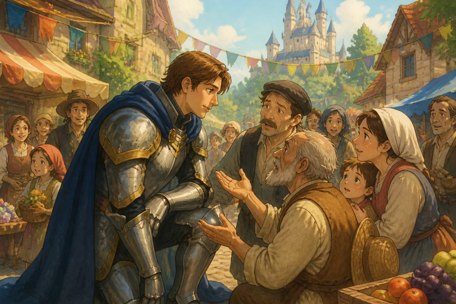 A brave knight in shining armor listens to a group of worried villagers in a lively market square.