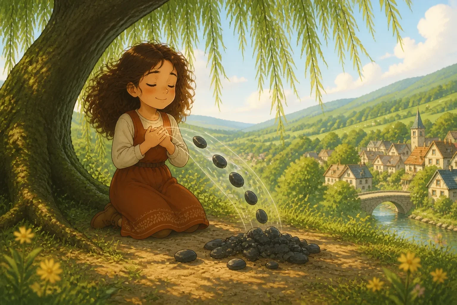 Lily closing her eyes with her hand on her chest, imagining placing her worries down as stones on the ground, with Willa the willow tree nearby.
