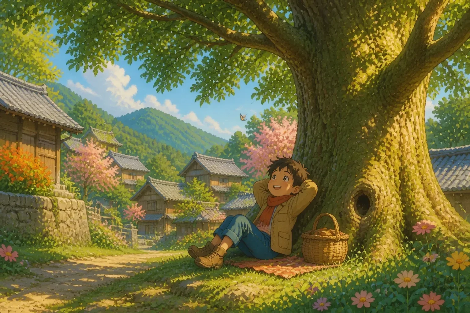 A boy sitting peacefully beneath a large, lush tree in a vibrant village setting, with colorful leaves and a bright sky, illustrating a warm and friendly atmosphere.