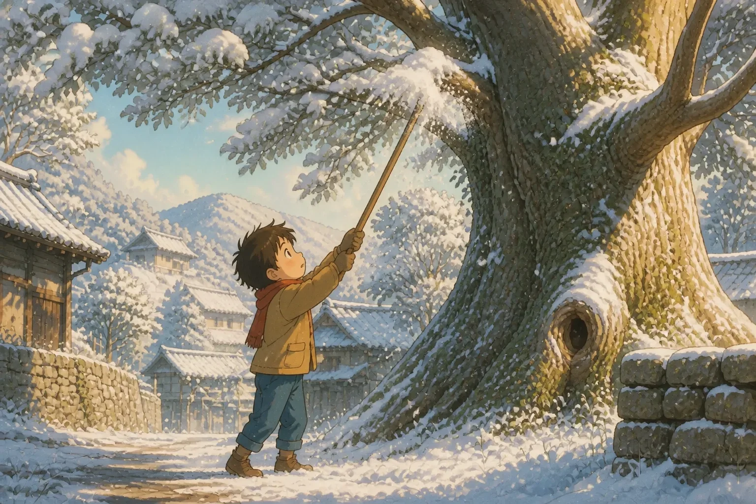 A boy with a determined expression gently brushing snow off the heavy snow-laden branches of a large tree in winter.