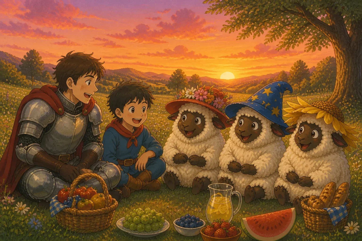 Alexander and Lucas sitting on a grassy hill, laughing and sharing stories with the sheep wearing funny hats, as the sun sets behind colorful clouds.