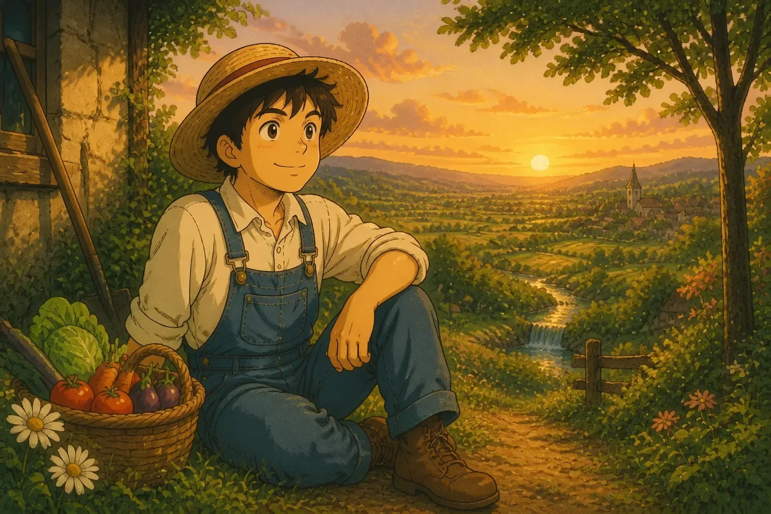The farmer Thomas sitting peacefully in his modest farm, reflecting with a look of understanding and contentment, surrounded by his crops and the village at sunset.