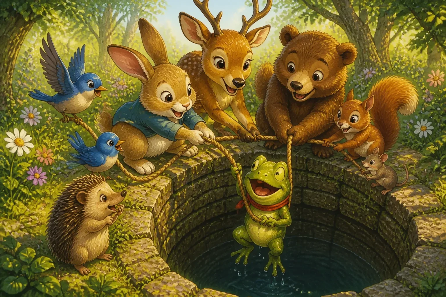 A joyful, colorful children's story illustration of various forest animals, including a rabbit, deer, and birds, forming a cooperative chain to lift Benny out of the well, radiating teamwork, friendship, and relief, in a warm, animated style.