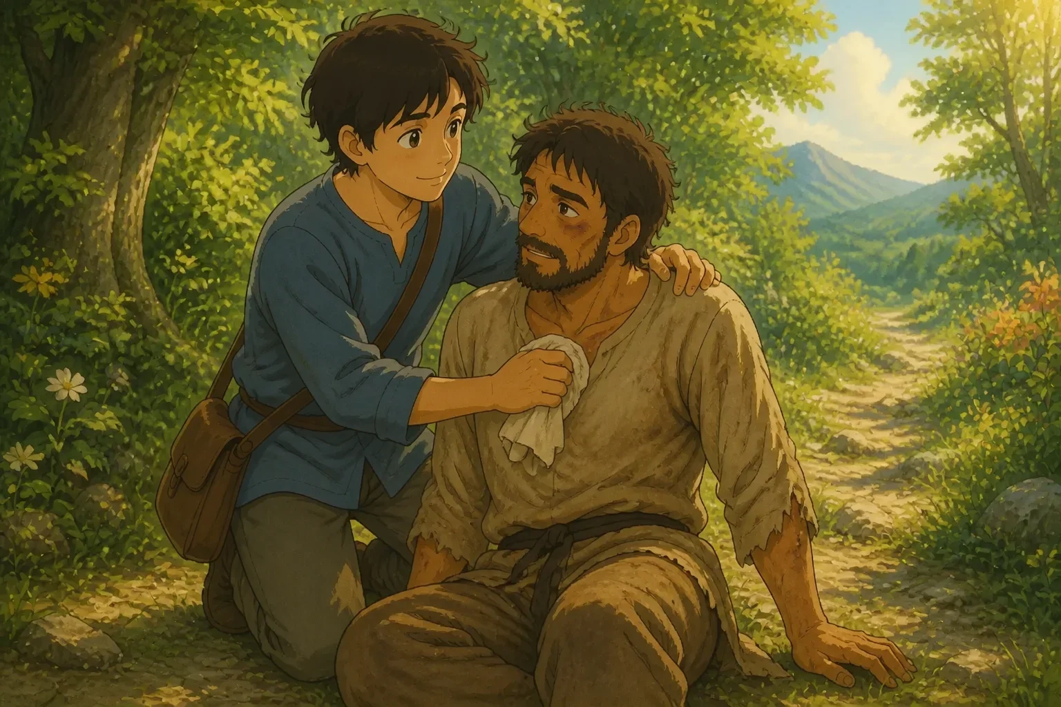 The injured man, Jonah, lying on the ground with visible bruises and torn clothes, being helped by Eli in a lush outdoor setting.