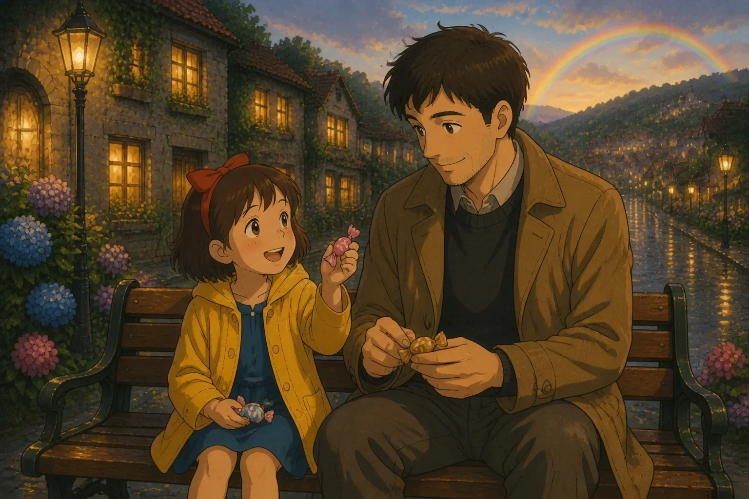 Mia and her father sharing colorful candies under the now-lightening sky, sitting beside the closed umbrella, with a subtle rainbow in the background, smiling and calm.