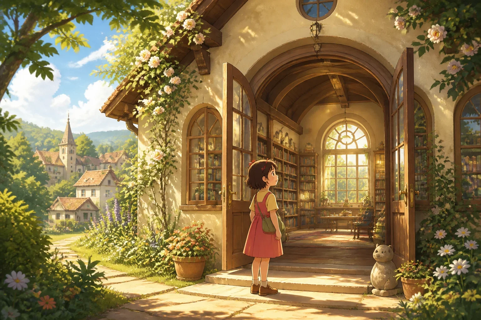 A quaint village library at dawn with warm sunlight shining through the windows, surrounded by lush greenery and children excitedly approaching the entrance.
