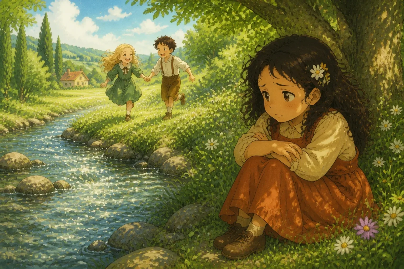Lila with a concerned and slightly jealous expression, sitting alone near the stream while Elena and Lucas laugh and play in the background.