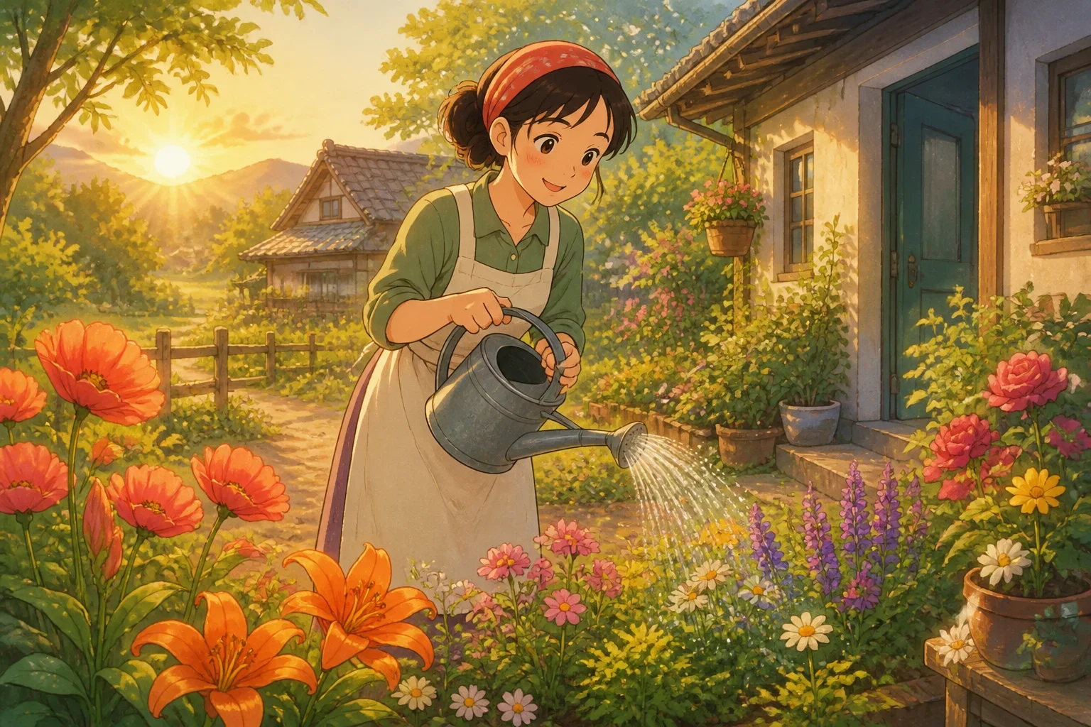 A modest woman with a warm smile tending to her colorful garden at sunrise, surrounded by blooming flowers and lush greenery.