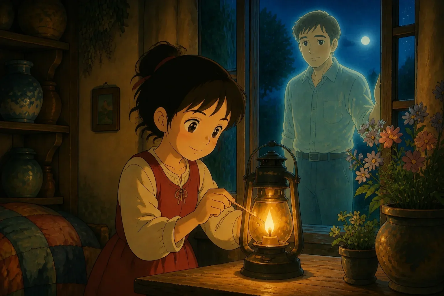 A young girl with a hopeful expression lighting a lantern on her windowsill at night, with a faint, ethereal glow of her father appearing nearby.