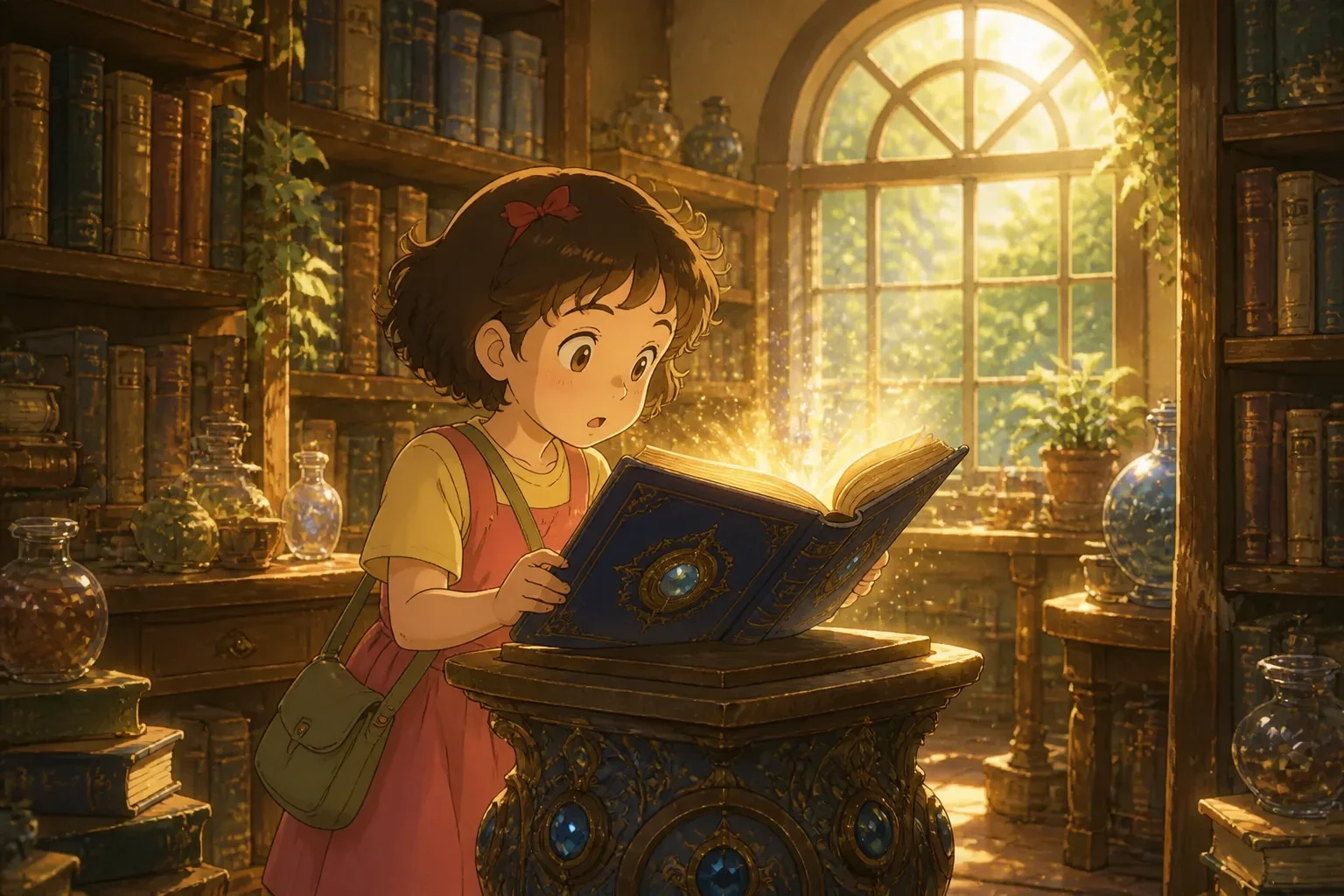A young girl with curly hair opening a glowing, deep blue book on a pedestal inside a magical library, surrounded by soft ethereal light, her face showing wonder and anticipation.