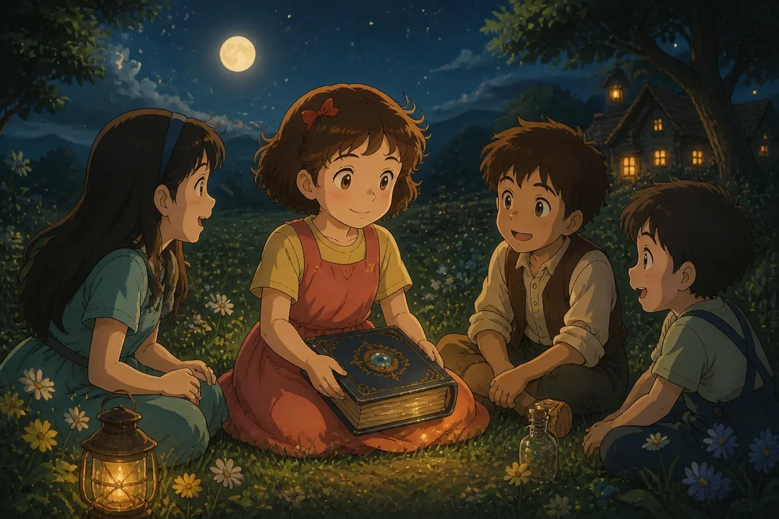 A girl sitting peacefully under a moonlit sky, surrounded by friends, reflecting with a gentle smile as she closes an open book, feeling a sense of joy and connection.