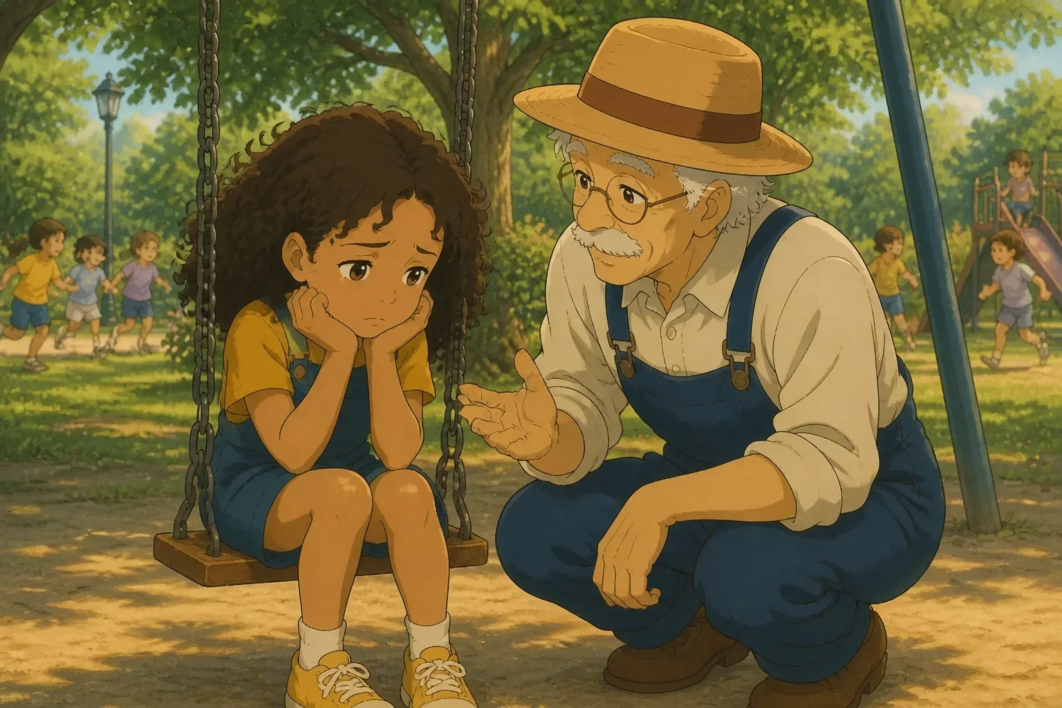 A young girl named Lila sitting on a park swing, looking sad and holding her lost blue dragon toy, as Mr. Elwood speaks to her softly.