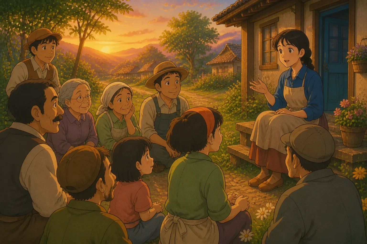 A modest woman sharing stories with villagers at sunset, with a peaceful, happy atmosphere, the sky painted in golden hues, and stars beginning to appear.