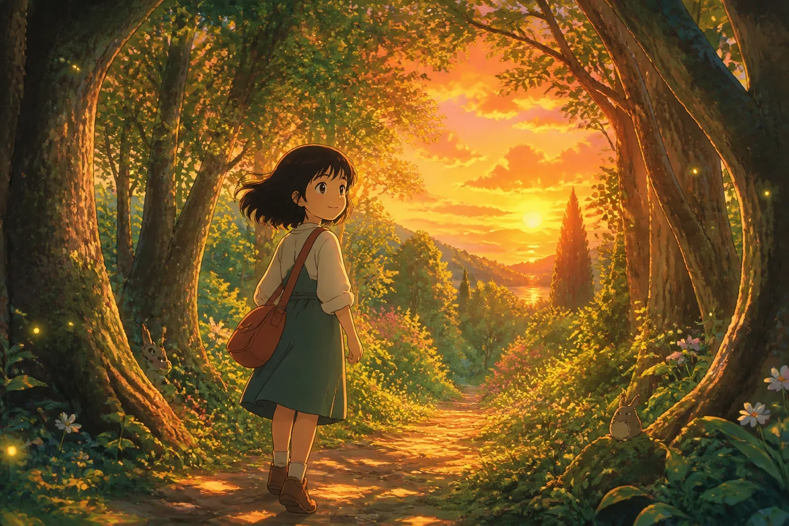 A young girl with dark hair and sparkling eyes walking into a lush, enchanted forest at sunset, with tall trees and soft light filtering through the leaves.
