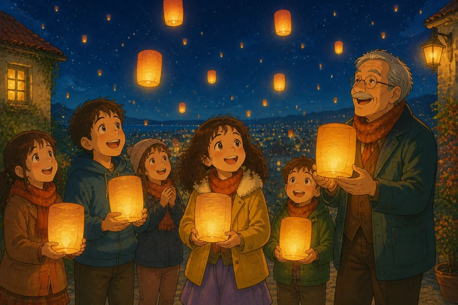 Lily and her friends releasing glowing lanterns into the night sky, celebrating their acts of kindness.
