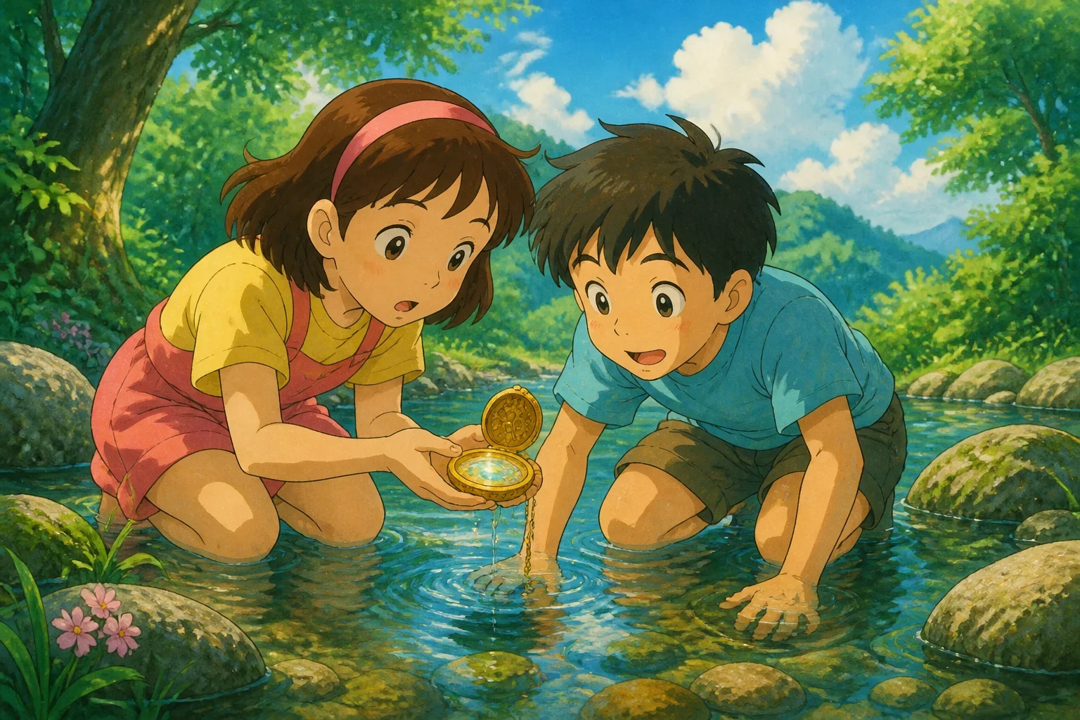Lily and Max exploring by a peaceful riverbank, discovering a shining, ornate locket in the water, with lush greenery around them.