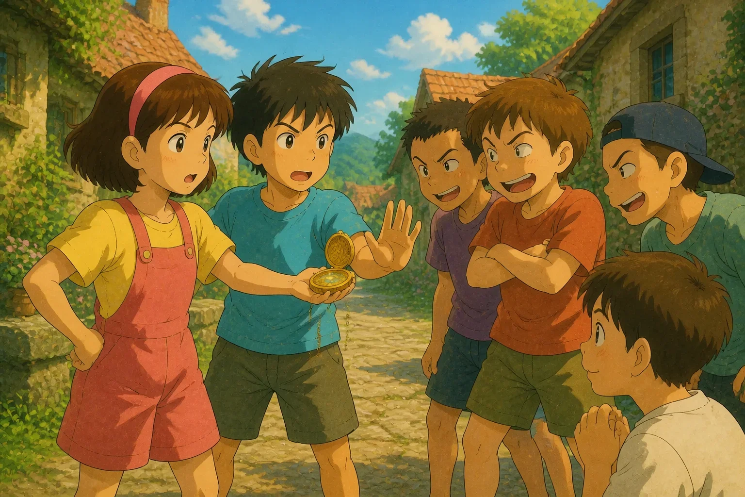 Lily and Max standing bravely in front of a group of children bullying Oliver, in a village street setting, with determined and kind expressions.