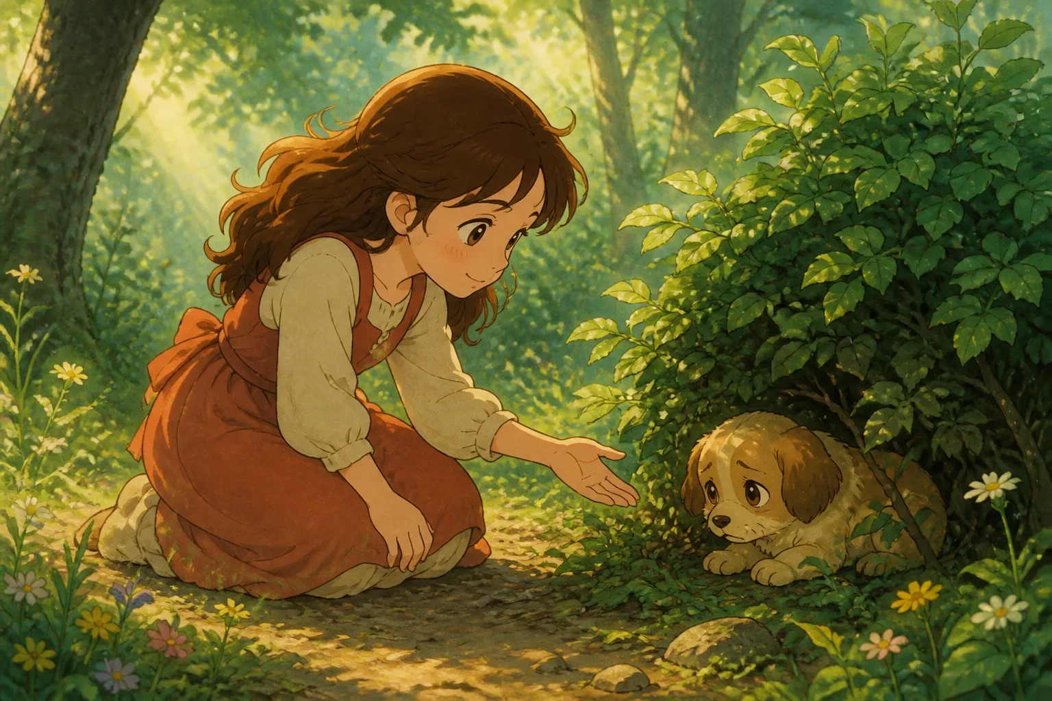 A young girl with wavy chestnut hair kneeling in a sunlit forest, gently comforting a trembling, muddy puppy under a bush.