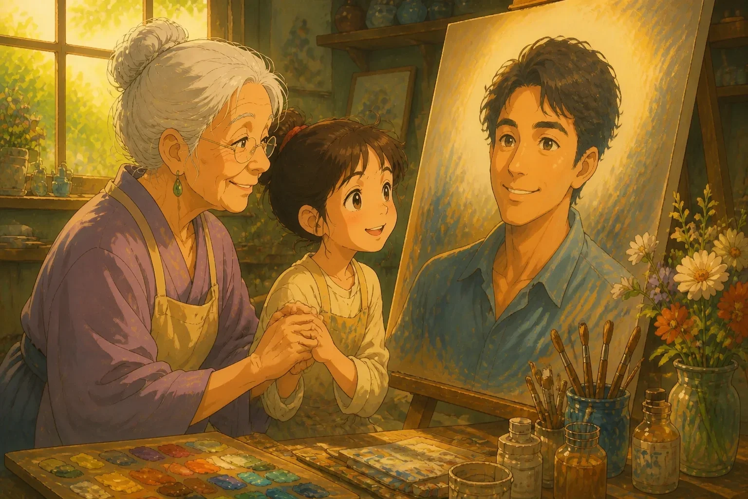 The young girl gently holding the elderly woman's hand as they look at the completed portrait of Samuel, which now radiates warmth and light, symbolizing healing and connection.