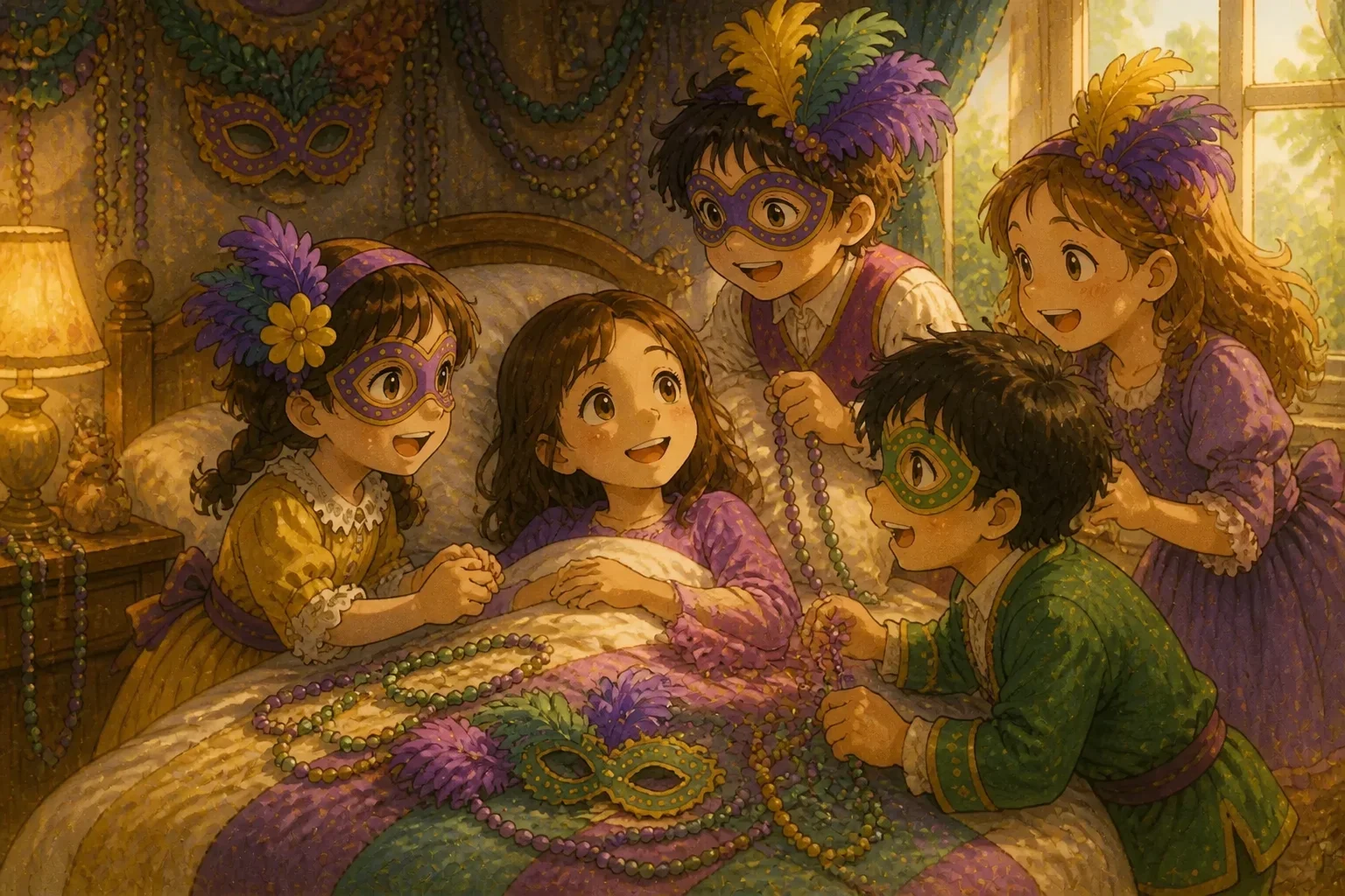 A girl in bed smiling brightly, surrounded by her friends holding masks and beads, celebrating together in a room filled with decorations and joy.