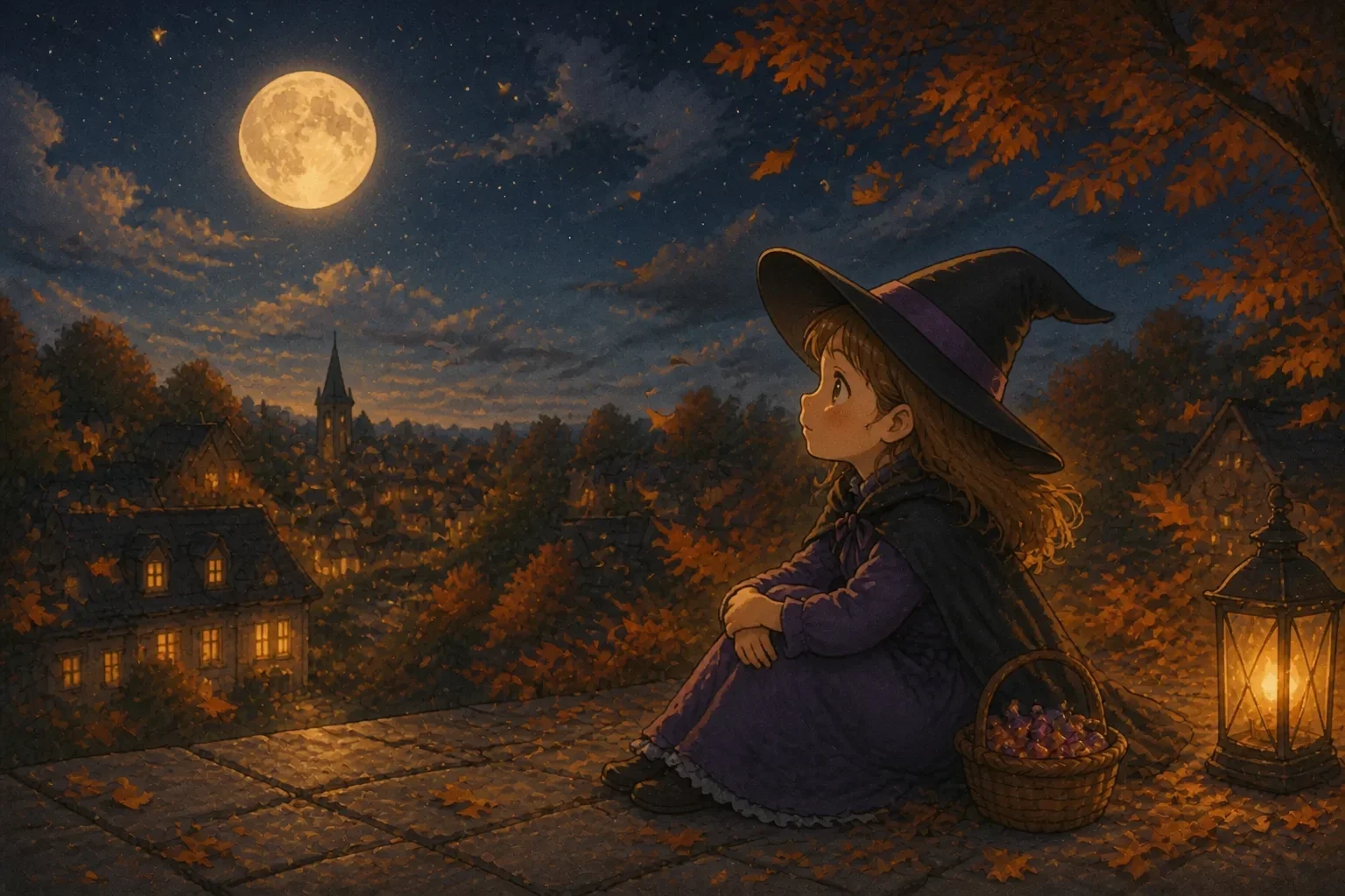 A girl in her witch costume looking at a glowing full moon, a nostalgic and tender expression on her face, under a starry night sky with autumn leaves falling.