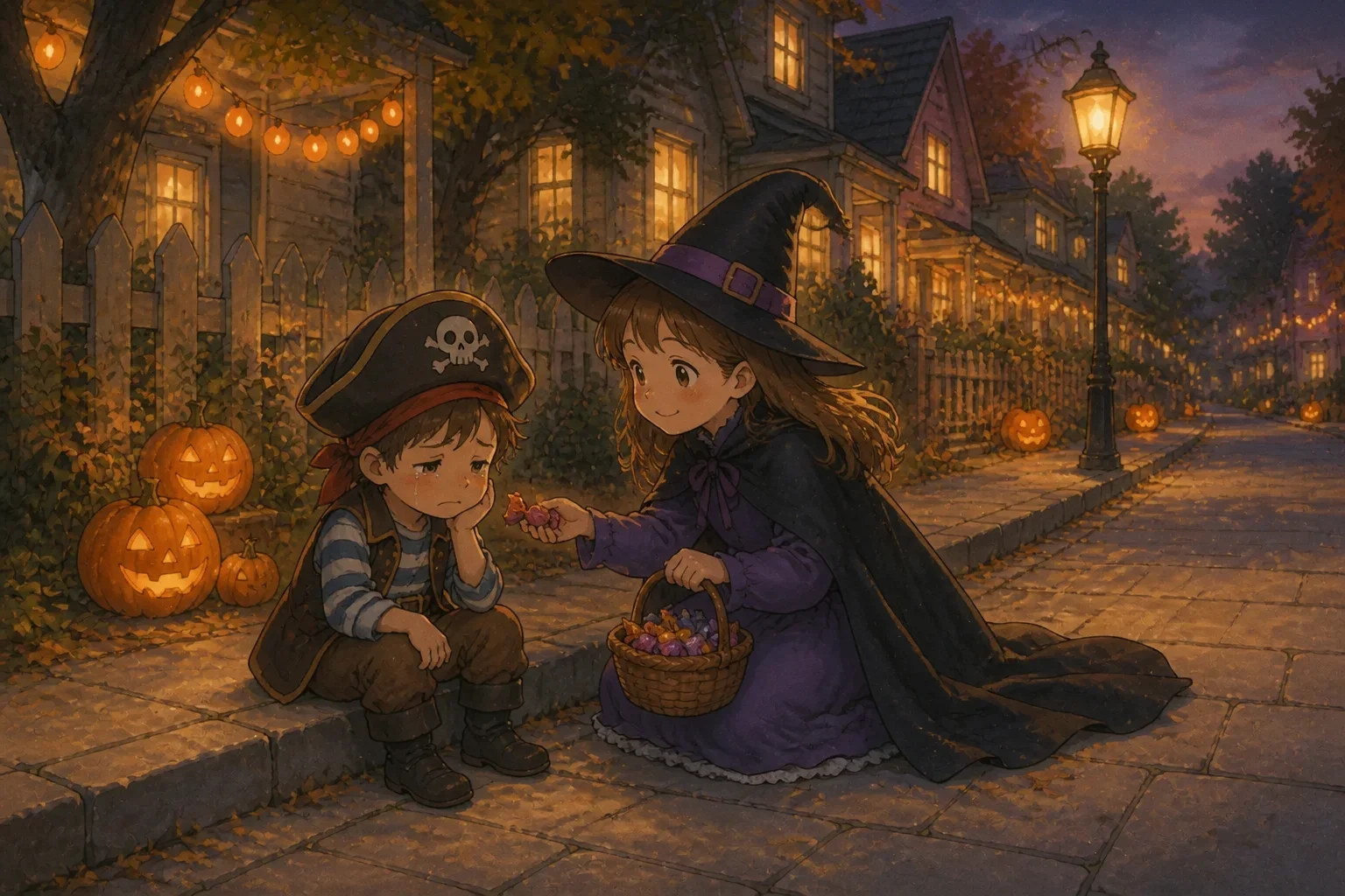 A young girl kneeling beside a small boy in a pirate costume sitting on the curb, offering him candy from a basket, both with empathetic expressions, in a neighborhood Halloween setting.
