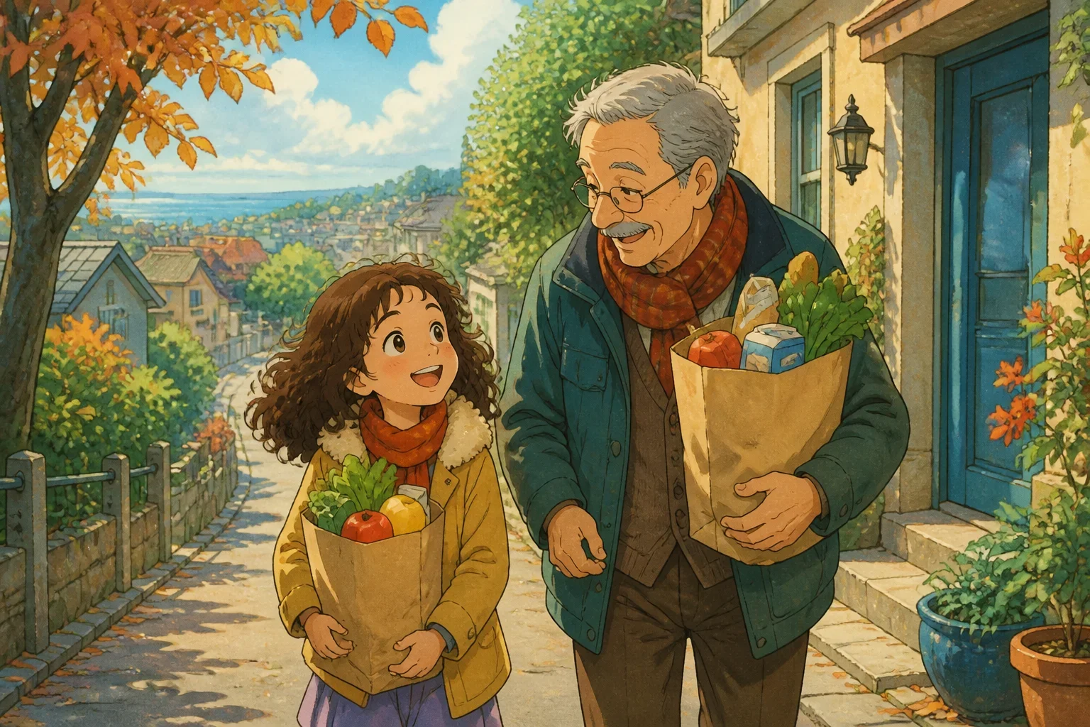 Lily helping Mr. Thompson carry groceries on a chilly afternoon, both smiling warmly.