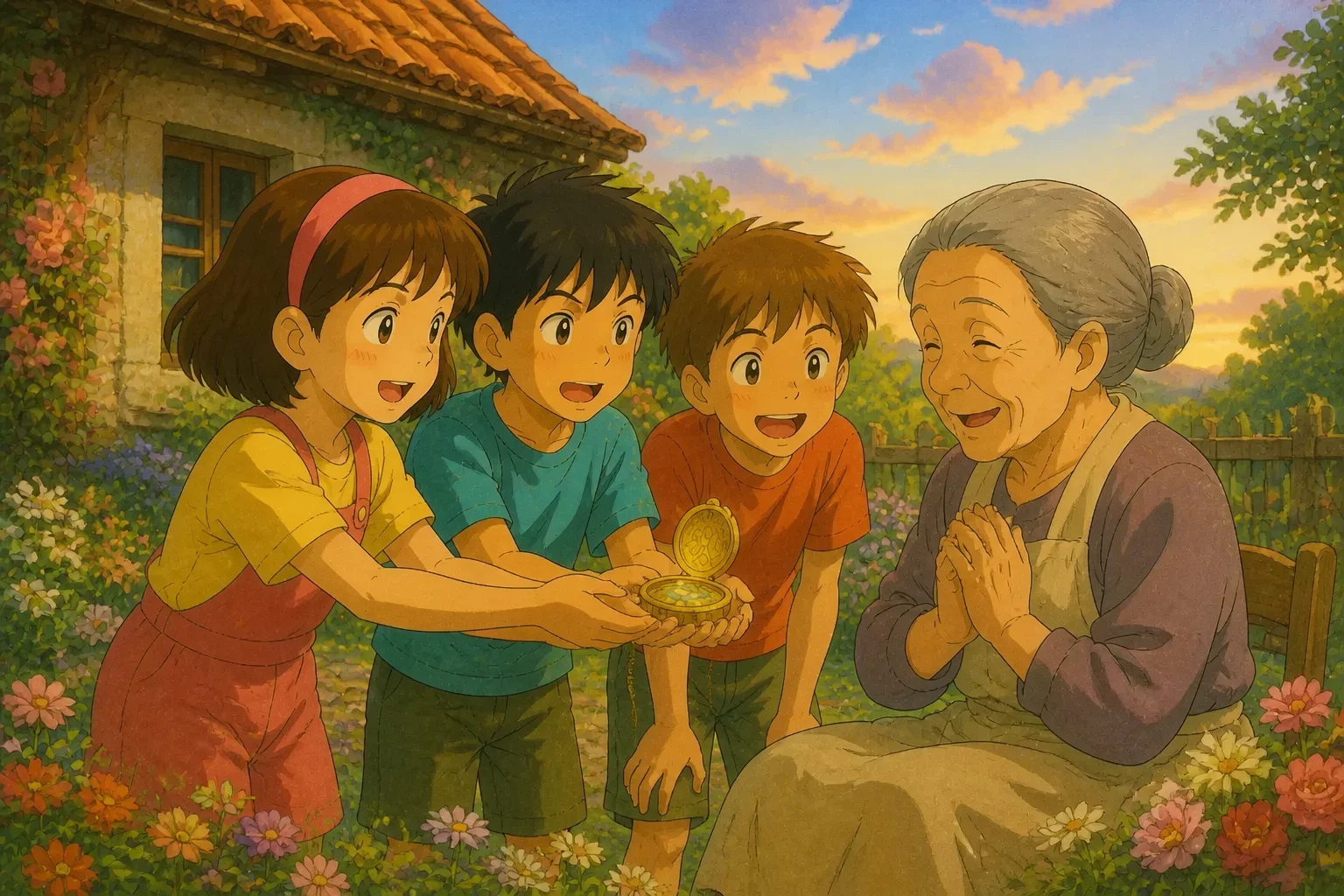 Lily, Max, and Oliver happily returning a beautiful locket to a kind old woman outside her cozy cottage, with bright flowers and a warm atmosphere.