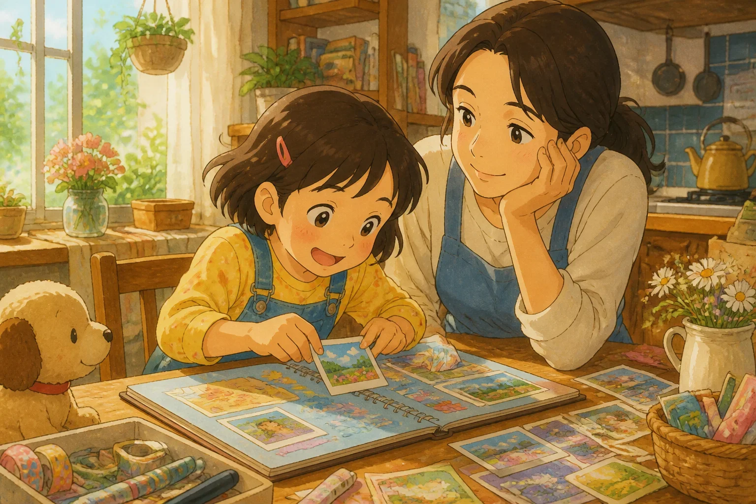 Little girl Lily and her mother Mrs. Thompson happily working together on a handmade scrapbook, surrounded by craft supplies and photographs, in a cozy home setting.