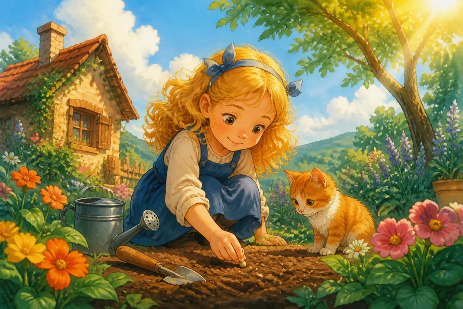 A young girl named Lily with golden curls planting a small seed in a garden with a gentle smile, surrounded by blooming flowers under a sunny sky.