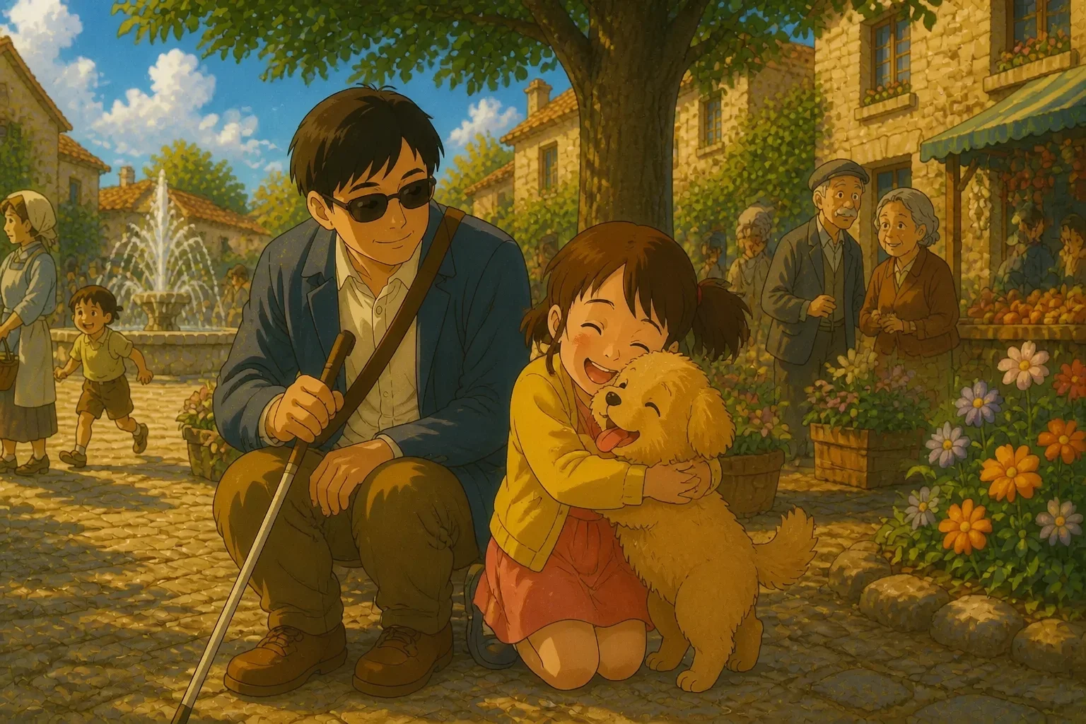 A joyful young girl hugging her small, wagging puppy in the village square, with Jacob smiling gently nearby, both radiating happiness and relief.