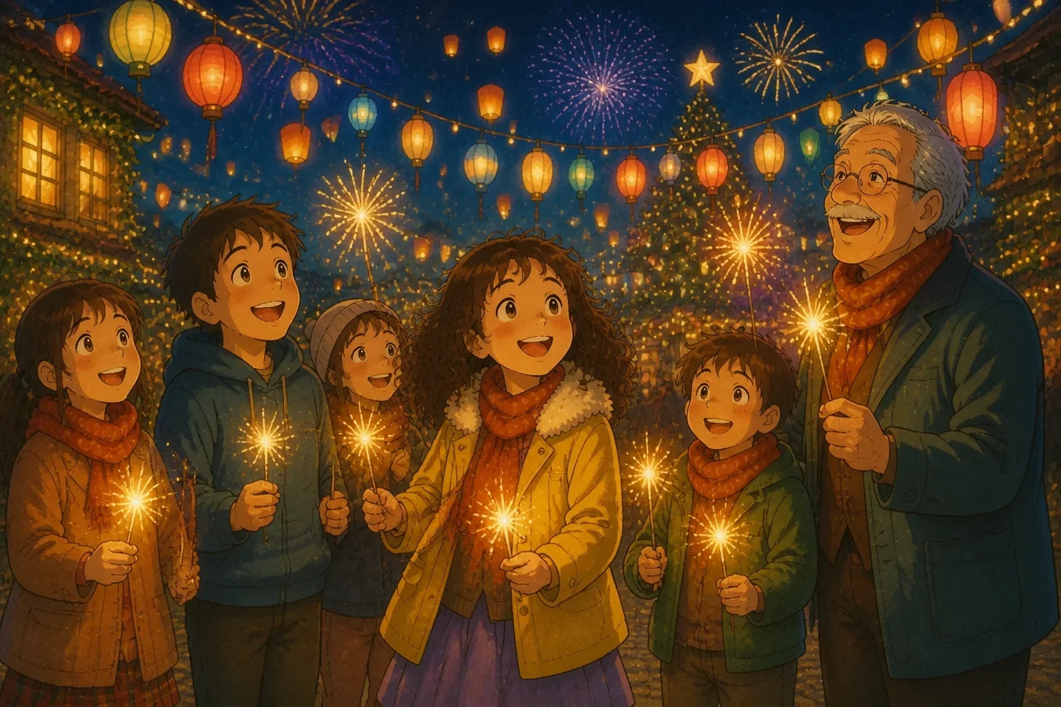 Lily smiling joyfully with friends and family, feeling proud of her acts of kindness, during New Year's celebration.