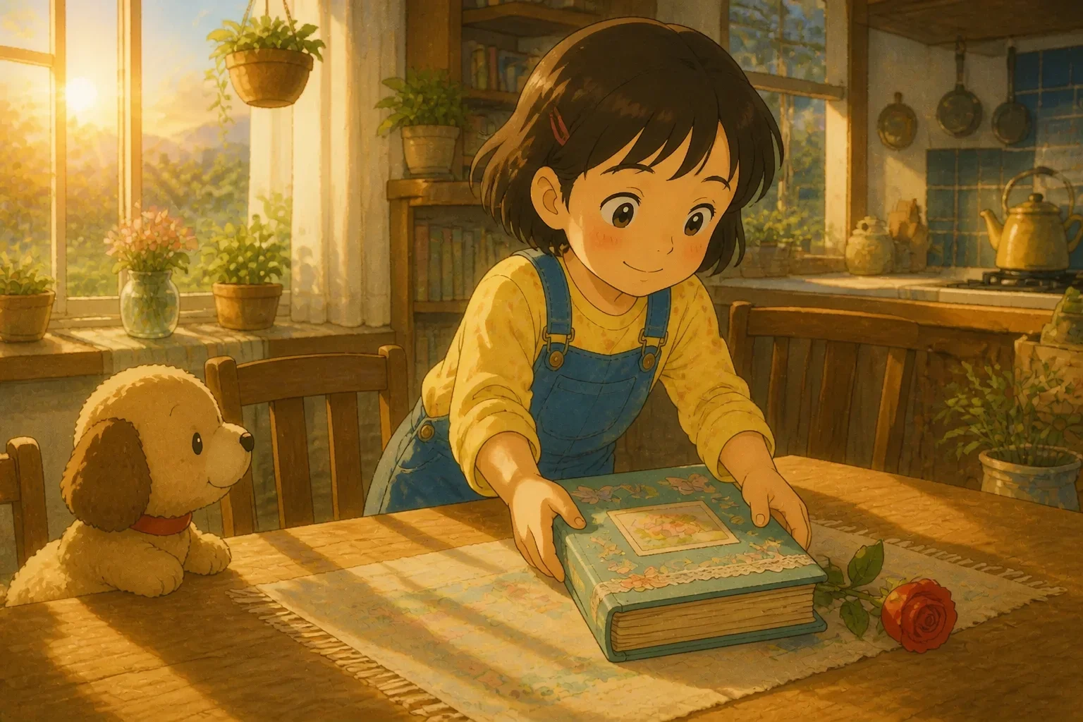 Early morning scene of Lily placing a decorated scrapbook and a single rose on the dining table, with sunlight gently streaming into the room.