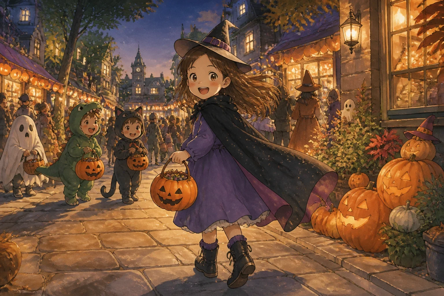 A young girl dressed in a purple witch costume walking down a festive Halloween street with colorful decorations and children in costumes, smiling and holding a lantern.