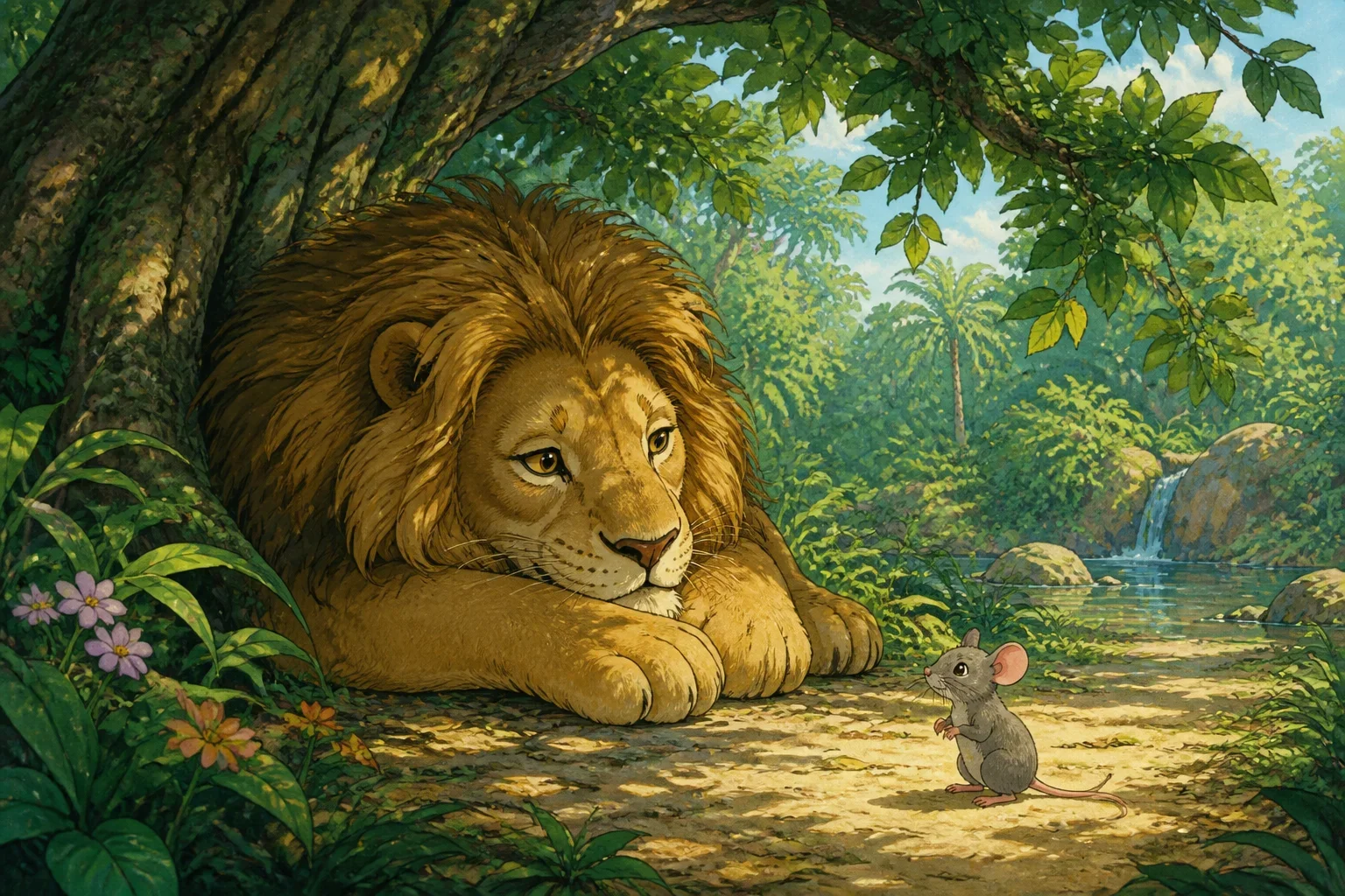A majestic lion lying under a large tree in a lush jungle, with a tiny mouse approaching cautiously nearby.
